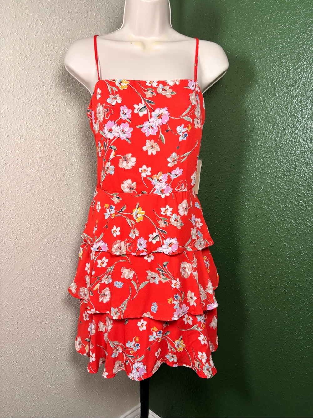 Red Floral Tiered Spaghetti-Strap Dress